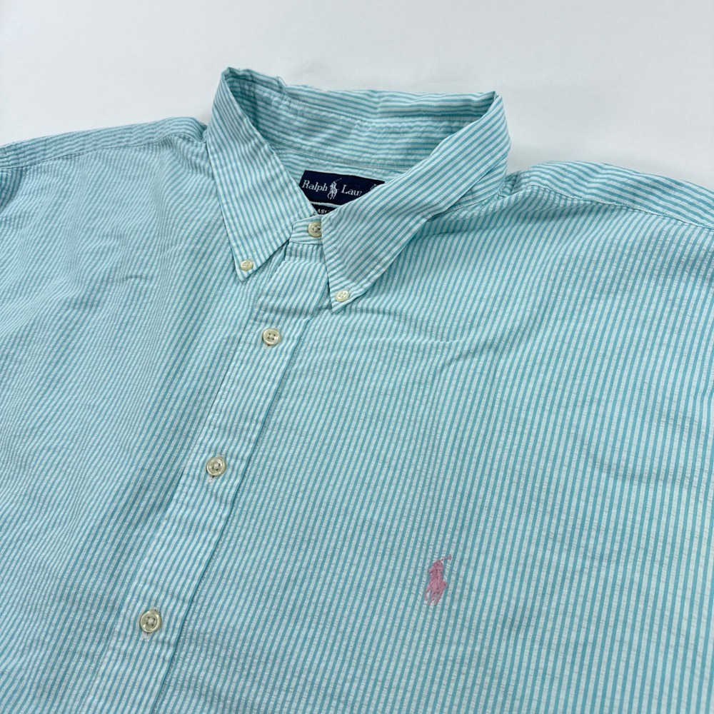 Ralph Lauren Mens Shirt 4X Big Teal White Striped Seersucker Classic Fit Preppy